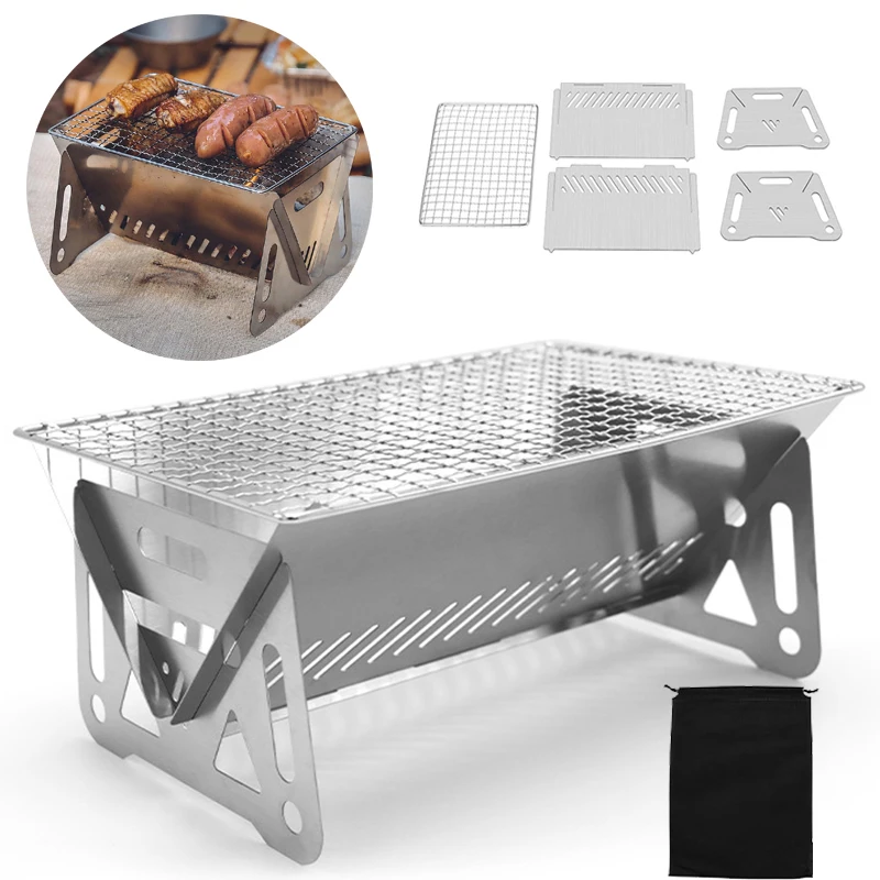 Tragbare Falten Barbecue Grill Heizung Öfen Multifunktions Camping BBQ Grill Rack Net Brennholz Herd Edelstahl BBQ Grill Image