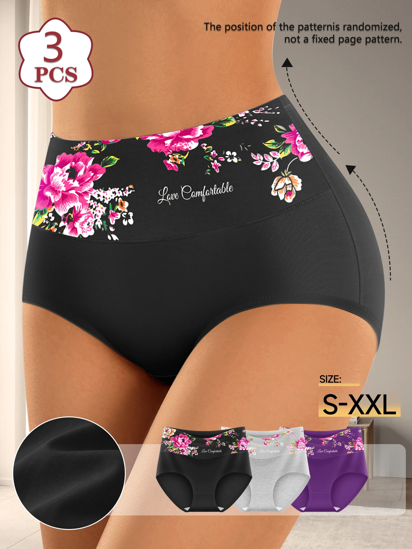 3-teilige Damen-Unterwäsche aus Baumwolle mit hoher Taille, bedruckte Unterwäsche, atmungsaktiv, hautfreundlich, ouvert, geeignet für den täglichen Gebrauch Image