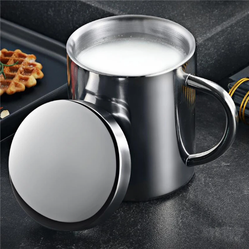 Doppelwandige Kaffeetasse aus Edelstahl mit Deckel, tragbare Tasse, Reisebecher, Krug, Milchteebecher, Büro-Wasserbecher Image