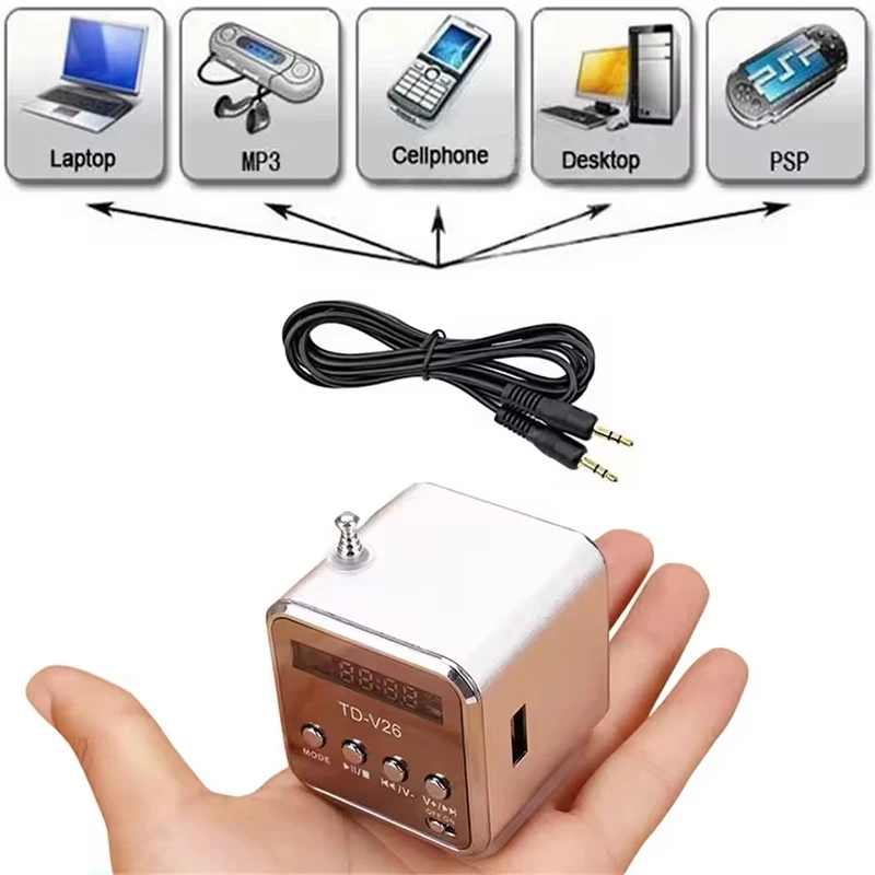 TD-V26 Mini-FM-Radio, tragbar, wiederaufladbar, Bluetooth-Lautsprecher, USB-TF-MP3-Player mit 3,5-mm-Kopfhöreranschluss, Outdoor-Radio, FM-Empfänger Image