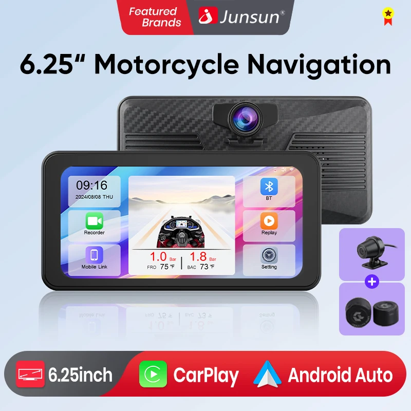 Junsun 2K DVR Motorrad GPS Navigation Drahtlose CarPlay Android Auto Abnehmbare IPX8 Wasserdichte Tragbare Moto Touchscreen WIFI Image