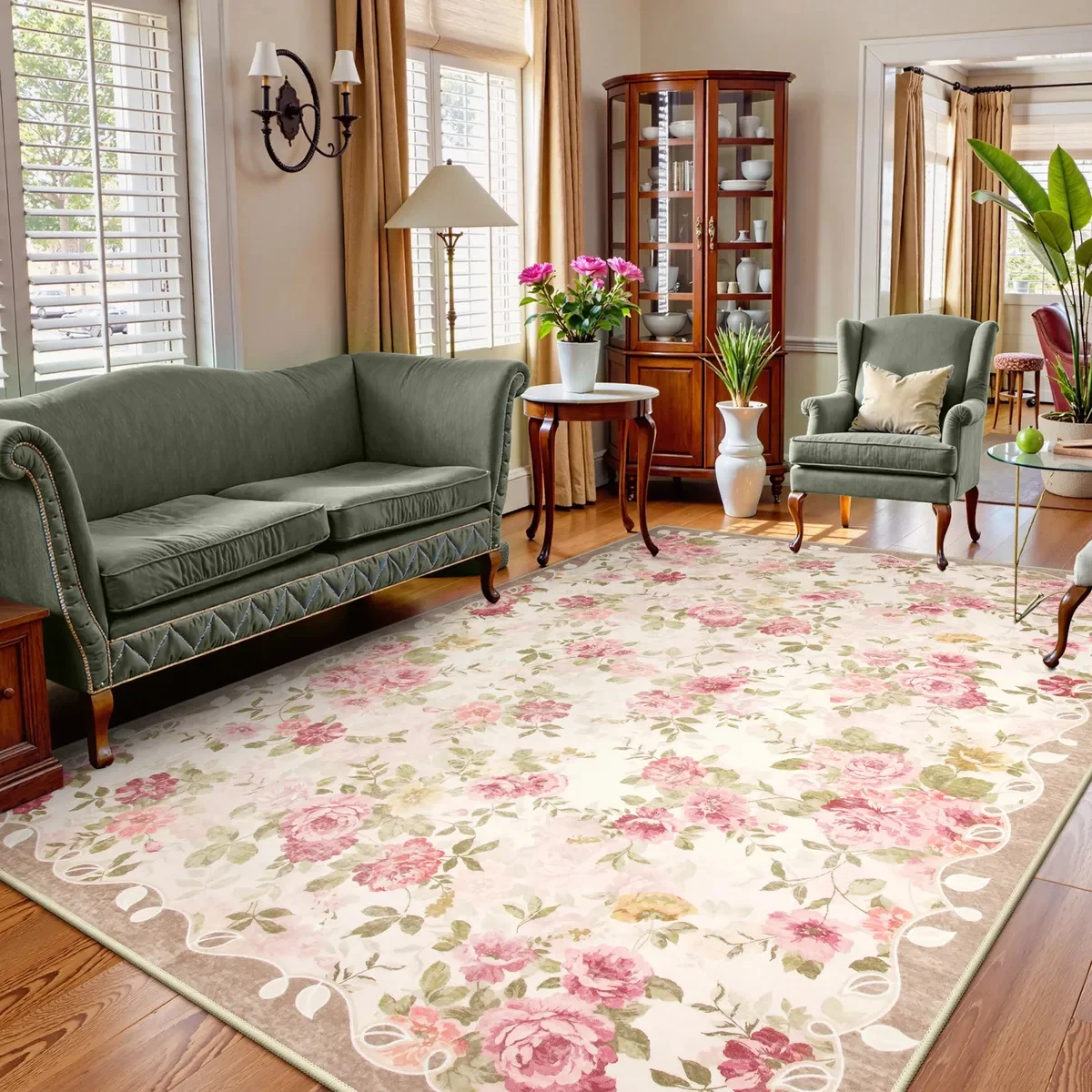 Romantischer rosa Teppich im Vintage-Stil mit Blumenmuster, Rosengarten, weicher rosa botanischer Teppich, Shabby-Chic, Wohnzimmermatte, Schlafzimmer-Akzent, floraler Teppich Image