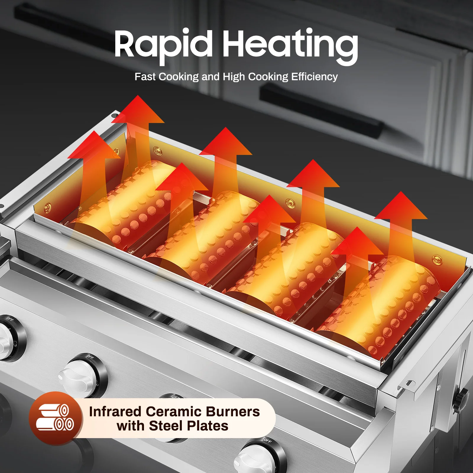 Rauchfreier LPG-Gasgrill mit 4 Brennern, Edelstahl-BBQ-Grill, Höhenverstellbarer Tragbarer Outdoor-Grill für Terrasse und Garten Image