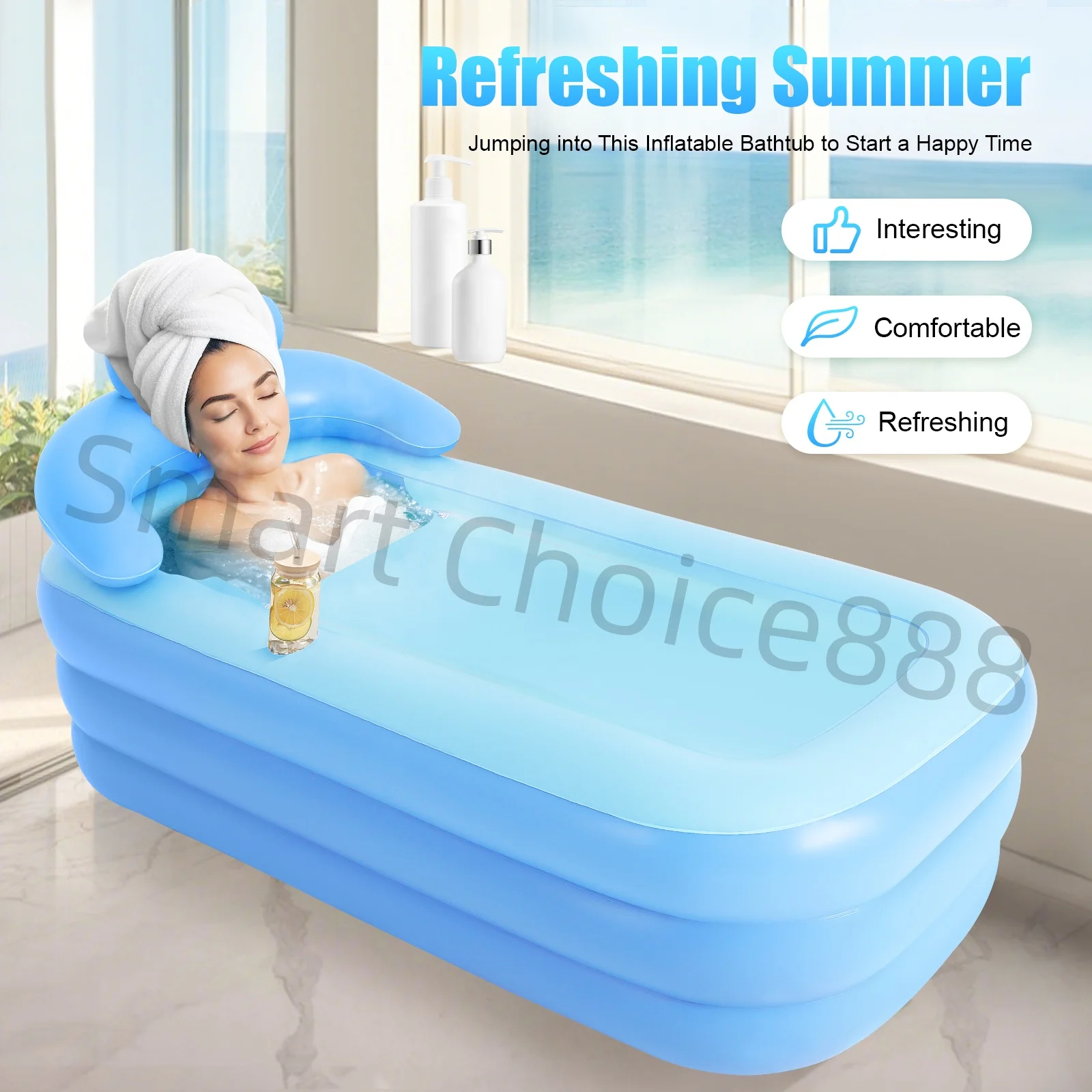 Aufblasbare Badewanne mit Sprudelmassage, faltbare PVC-Badewanne, Unisex-SPA-Badewanne, blau, für Duschkabine, Heiß- und Kaltbad Image