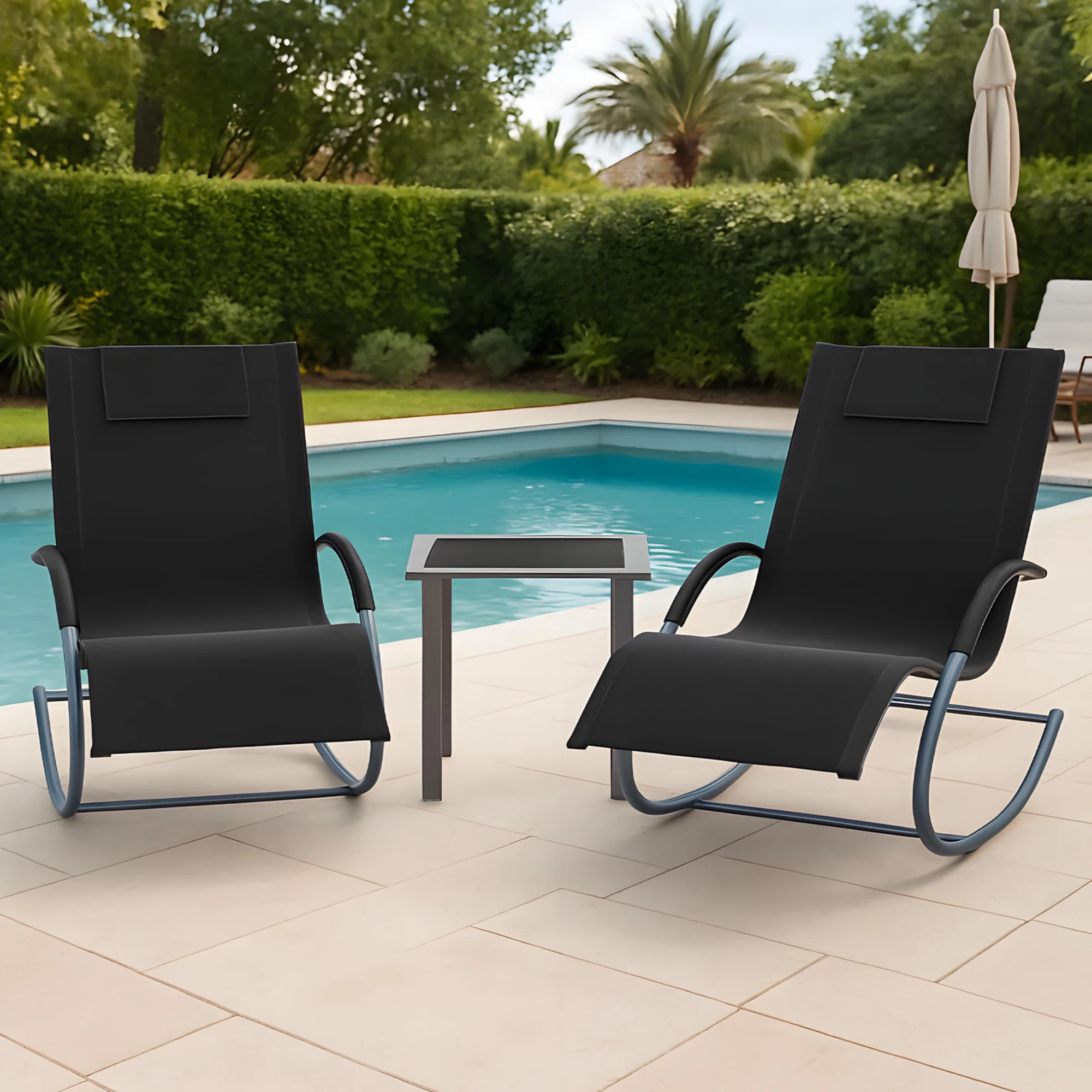 3er-Set Schaukelstühle 2 Garten-Sessel & 1 Beistelltisch Schnelltrocknender Stoff Eisenrahmen für Pool Terrasse Strand Garten