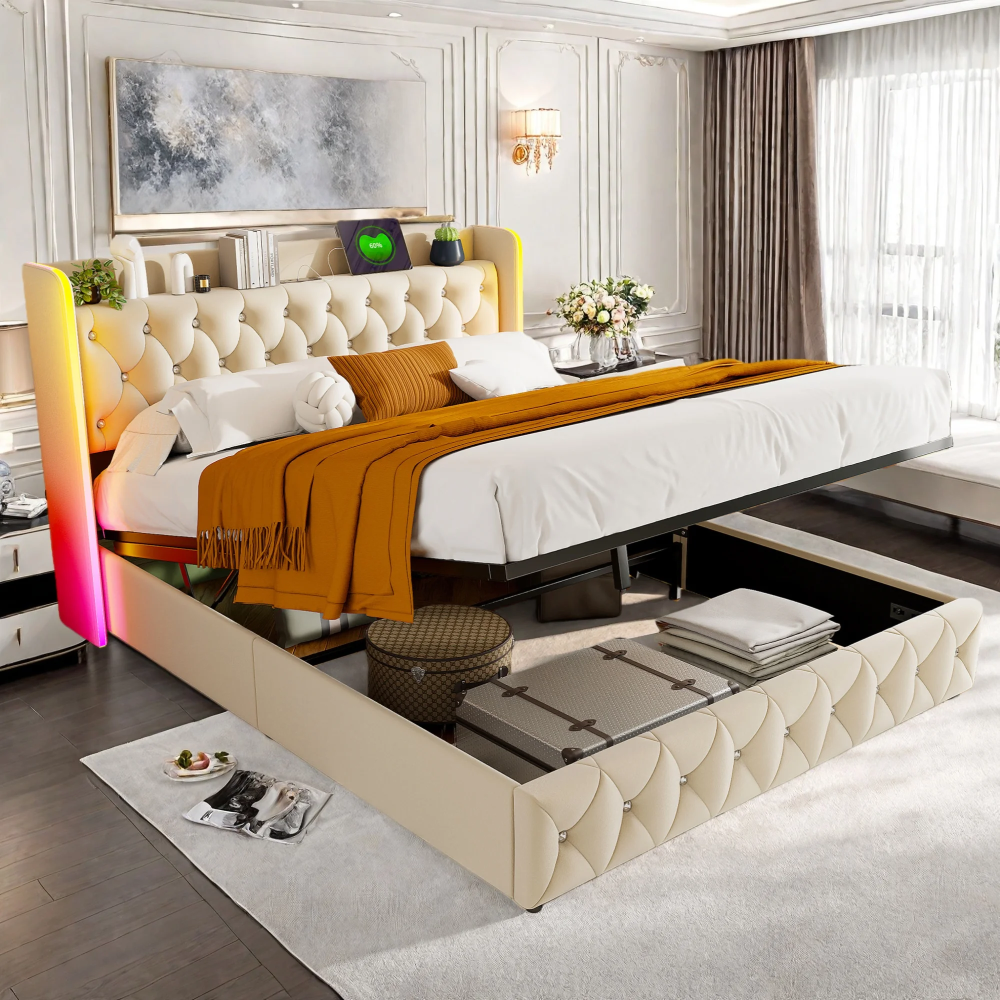 Bettgestell, Doppelbett 140x200 cm, hydraulisch, mit verstellbarem Bettgestell, Lampe, Barometerbett, Bett mit Stauraum und Lattenrost, beige Image