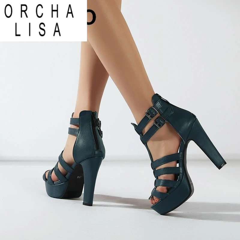 ORCHA LISA Design Damen-Sandalen, Peep-Toe, klobige Absätze, 11,5 cm Plattform, 3,5 cm Reißverschluss, Schnalle, T-Riemen, große Größe 48, 49, 50, Dating-Schuhe