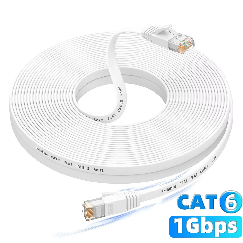 CAT 6-Ethernet-Kabel, weiß, hohe Geschwindigkeit, solide, flach, CAT6-Gigabit-Internet-Netzwerk, LAN-Patchkabel, blankes Kupfer, Snagless RJ45 Connect Image