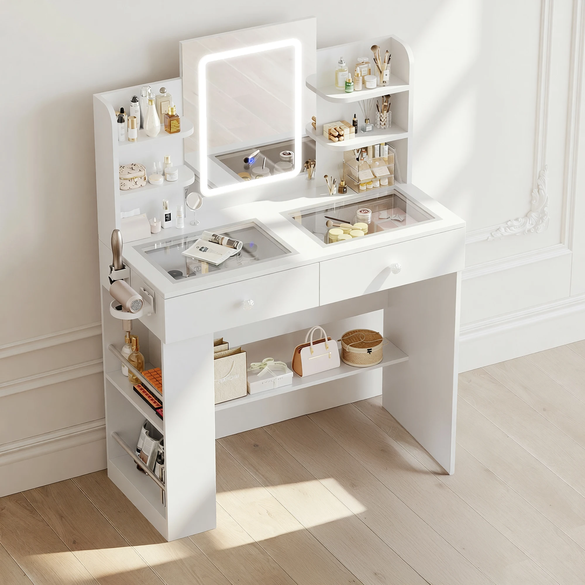 Schminktisch mit LED-Beleuchtung und Spiegel, Frisiertisch mit Glasplatte, Kosmetiktisch mit 2 Schubladen