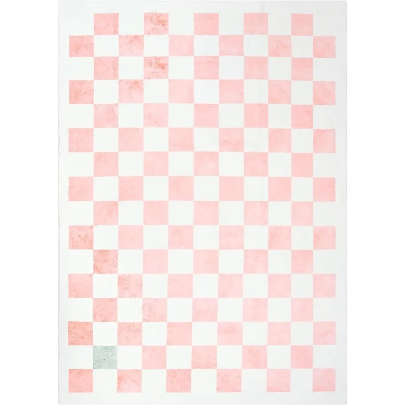 Wonnitar Karierter rosa Teppich für Mädchen, Schlafzimmer, waschbar, rutschfest, Kinderzimmermatte, Boho-Retro-Teppich für Wohnzimmer, Wohnheim, Spielzimmer Image