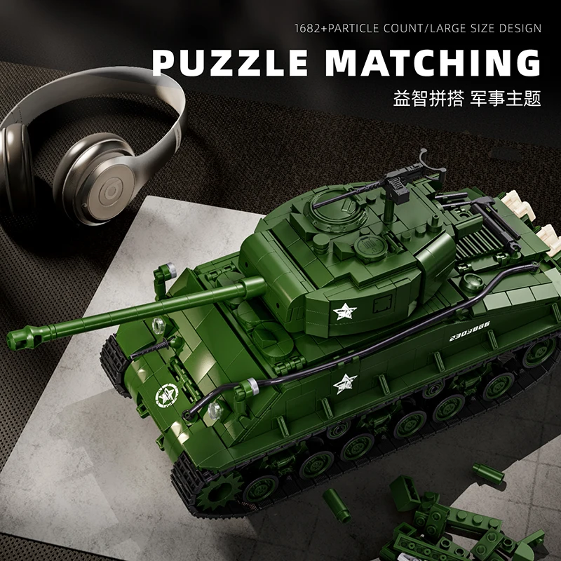 MOC Militär-Panzermodell Bausteine Spielzeug-Set Armee Deutscher US M4 SHERMAN Schwerer Panzer Ornament Montage-Bausteine Spielzeug für Kinder Jungen Image