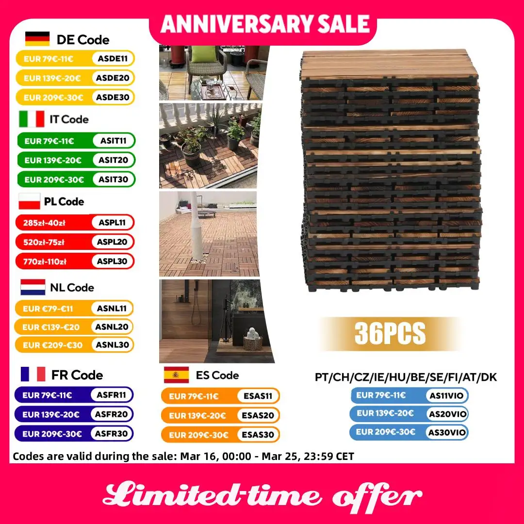 36er-Pack Holz-Interlocking-Bodenfliesen 30 x 30 cm Massivholz-Terrassendielen für Außenbereich, Terrasse und Garten