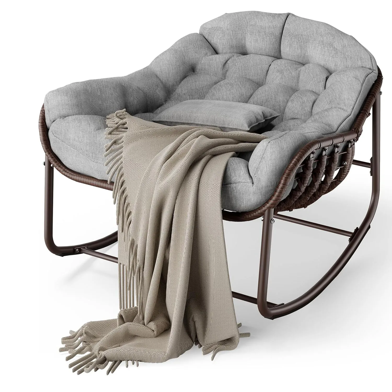 Outdoor Papasan Schaukelstuhl, Übergroßer Rattan-Loungesessel mit Kissen und Metallrahmen, Patio-Rattan-Ei-Schaukelstuhl für den Balkon Image