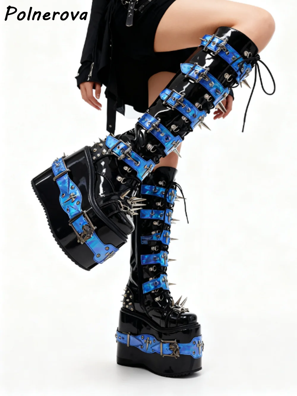 Schwarz Blau Nieten Schnalle Stiefel Runde Kappe Plattform Keile Kreuz Gebunden Patent Leder Schuhe Damen Winter Warme Dunkle Punk Stiefel