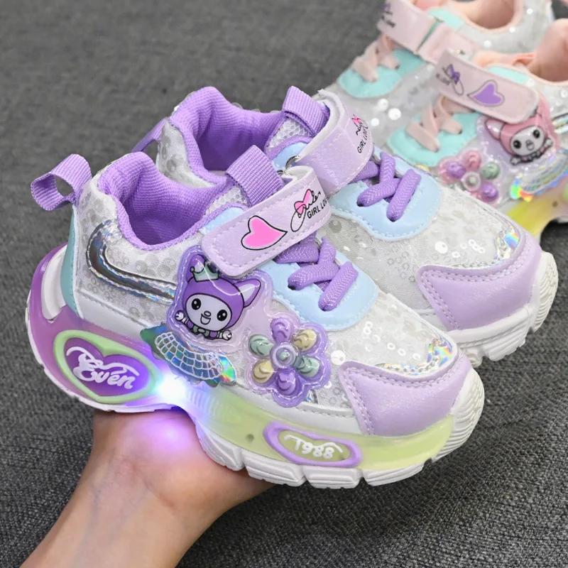 Kinder Casual Schuhe Turnschuhe PU Leder Kleine Led Cartoon Kuromi Frühling Schuhe Für Mädchen Anti-slip Rosa Lila Schuhe größe 21-30