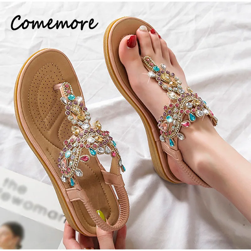 Comemore Frauen Frau dicke Absätze Strand Sommer Frau Schuhe lässige Flip Flops Damen Schuhe Mode Strass Sandalen