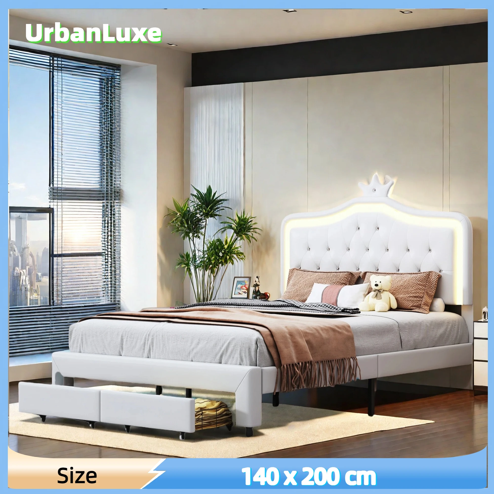 Bett mit stauraum 140x200 cm, mit LED-Lichtleiste und 2 Schubkästen, Kronenkopfteil, Jugendbett, Kinderbett, PU, ​​weiß Image