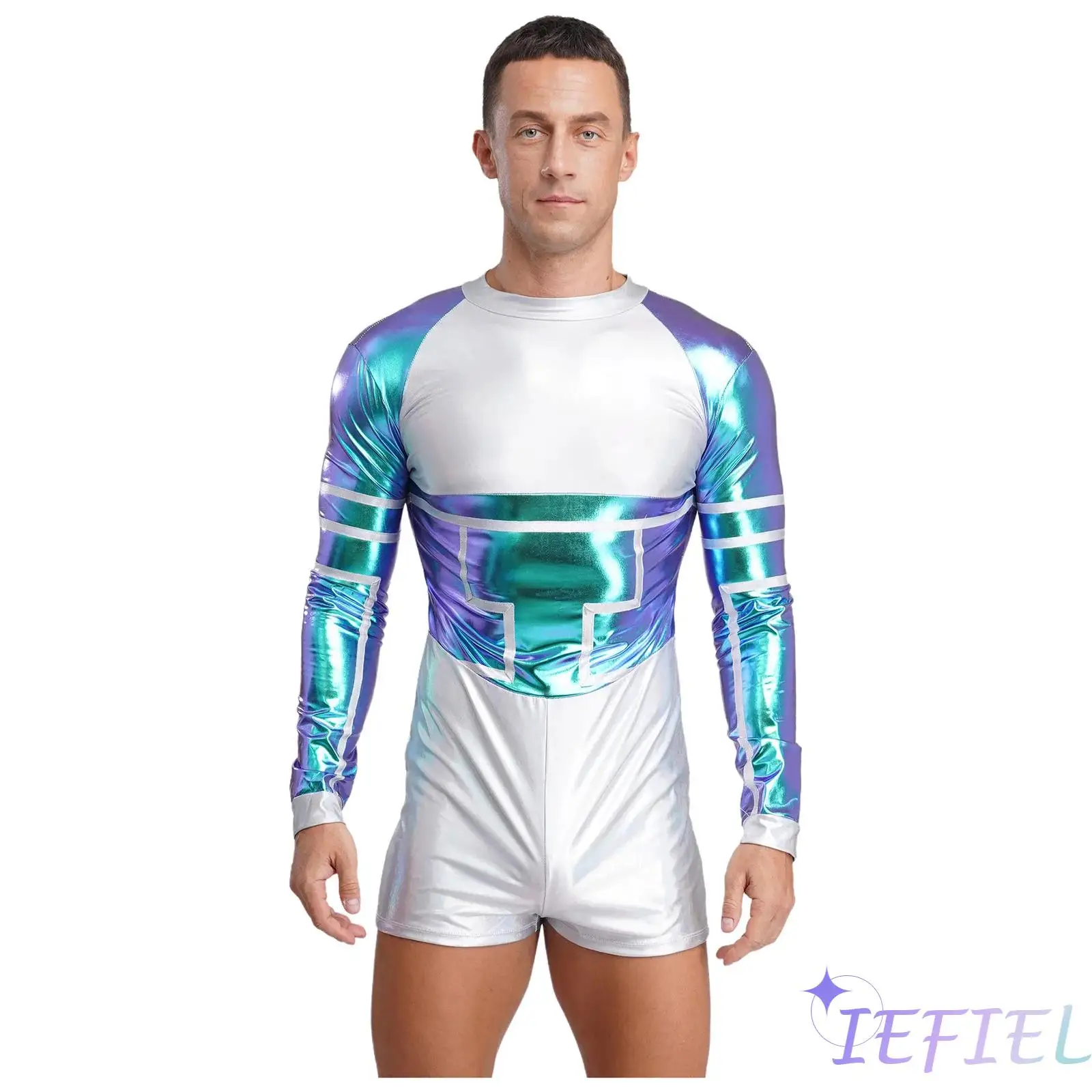 Herren Halloween Karneval Alien Astronaut Cosplay Kostüm Kontrastfarbe Metallisch glänzend Langarm Reißverschluss hinten Jumpsuit Bodysuit Image
