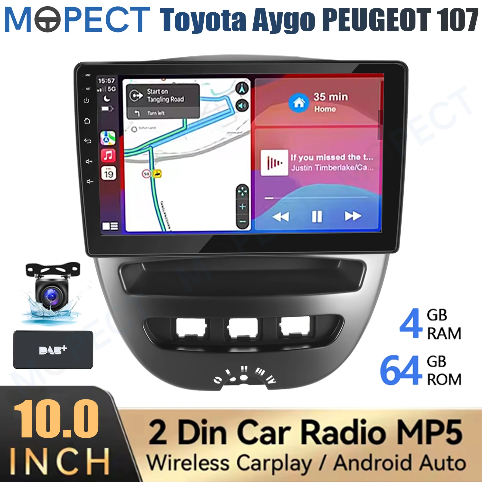 MOPECT 10,1 Zoll Android 15 Carplay 4+64GB Autoradio für Toyota Aygo / PEUGEOT 107 / Citroen C1 2005-2014 WiFi GPS BT+DAB&AHD Image