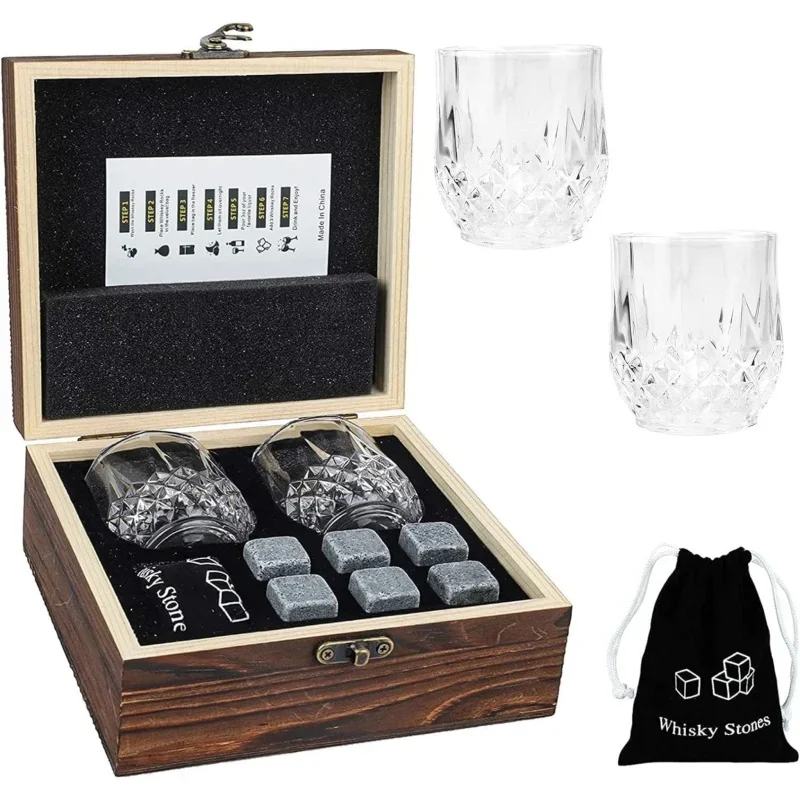 Vatertagsgeschenk für Männer, Whiskey-Steine, Gläser-Set, Granit-Eisblock für Whisky in Holzflaschenbox, Geschenk für Papa und Ehemann Image