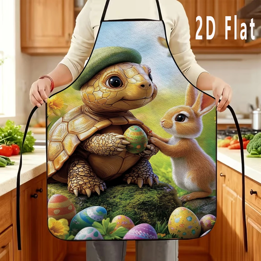 1 Stück 2D Flache Schürze mit Schildkröten- und Hasen-Osterei-Motiv, 60x80cm, Küchen-/Restaurantschürze, BBQ-Schürze, Langlebig und Leicht zu Reinigen Image