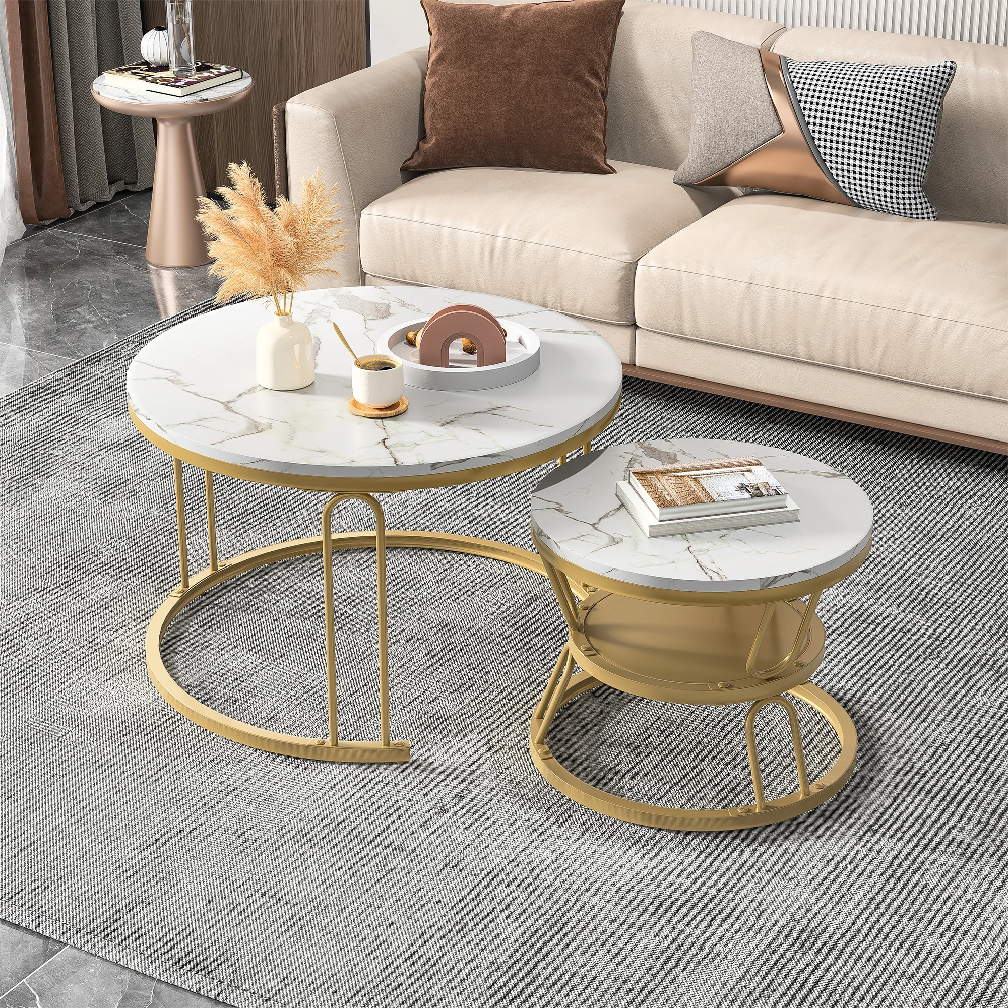 Runder Couchtisch, 2er-Set, moderne Satztische, ideal für Wohnzimmer, Schlafzimmer, Balkon und Büro, Gold, 70x70x44,2 cm Image