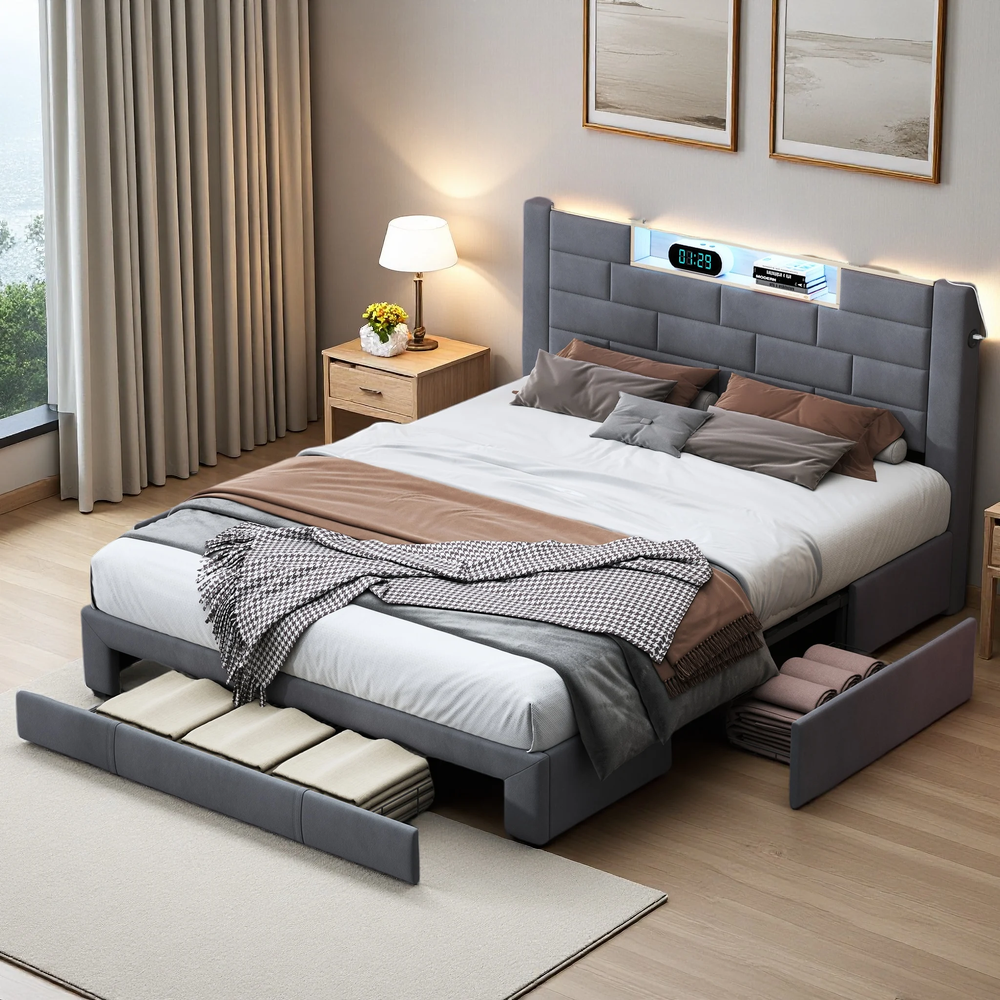 Anajqaqia 140×200/160×200 cm gepolstertes Doppelbett, mit Stauraum am Bett und LED-Beleuchtung, mit 3 Schubladen und USB-Ladefunktion, Samt Image