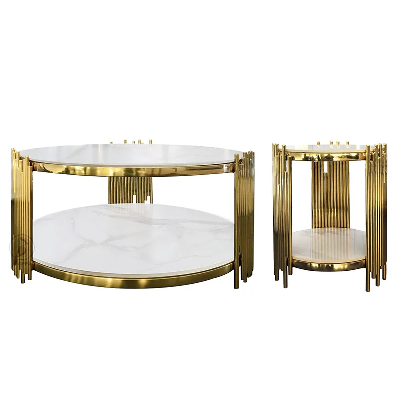 Leichter, luxuriöser runder Couchtisch aus Edelstahlglas, Ecktisch aus Marmor im Wohnzimmer