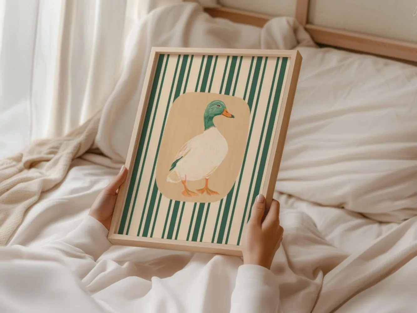 Enten-Kunstdruck, grün gestreifte Kinderzimmer-Wandkunst, Vintage-Mallard-Bauernhaus-Dekor, Preppy Boy Room Art, Cottagecore-Dekor, Digitaldruck