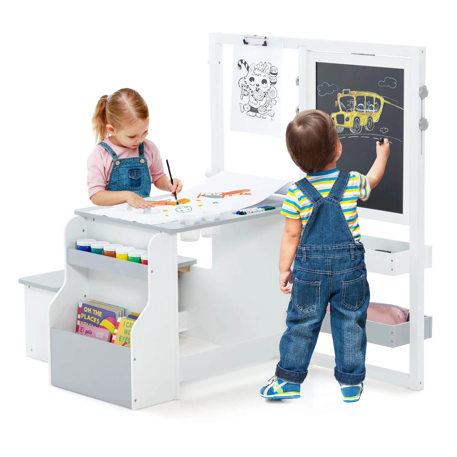 6-in-1-Staffelei-Set für Kinder, Stehbrett aus Holz mit doppelseitiger Kreidetafel, Whiteboard und Papierrolle, Kinderbrett Image
