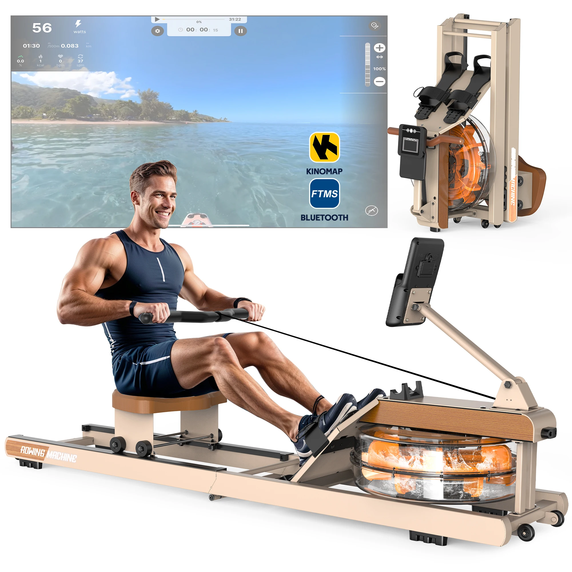 Faltbares Wasser-Rudergerät | 160KG Traglast | Bluetooth-Monitor | 180 ° Klappbares Heimtrainer-Rudergerät mit Aufbewahrungsrädern Image