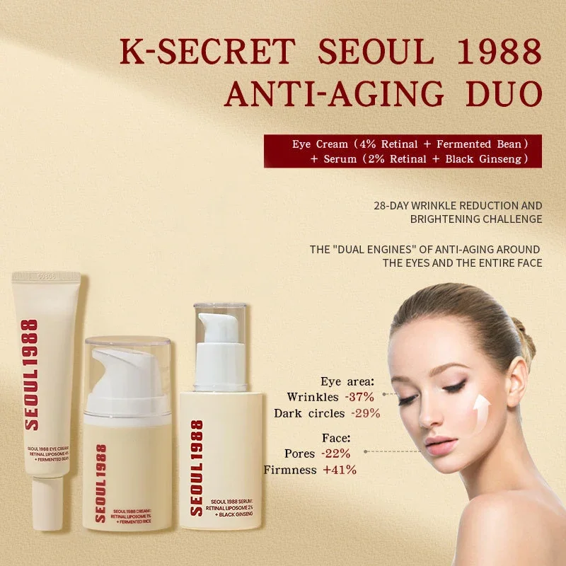 Seoul 1988 Anti-Aging Trio: 4 % Retinal-Augencreme + 2 % Retinal-Serum mit schwarzem Ginseng zur Falten und Aufhellung, koreanische Hautpflege Image