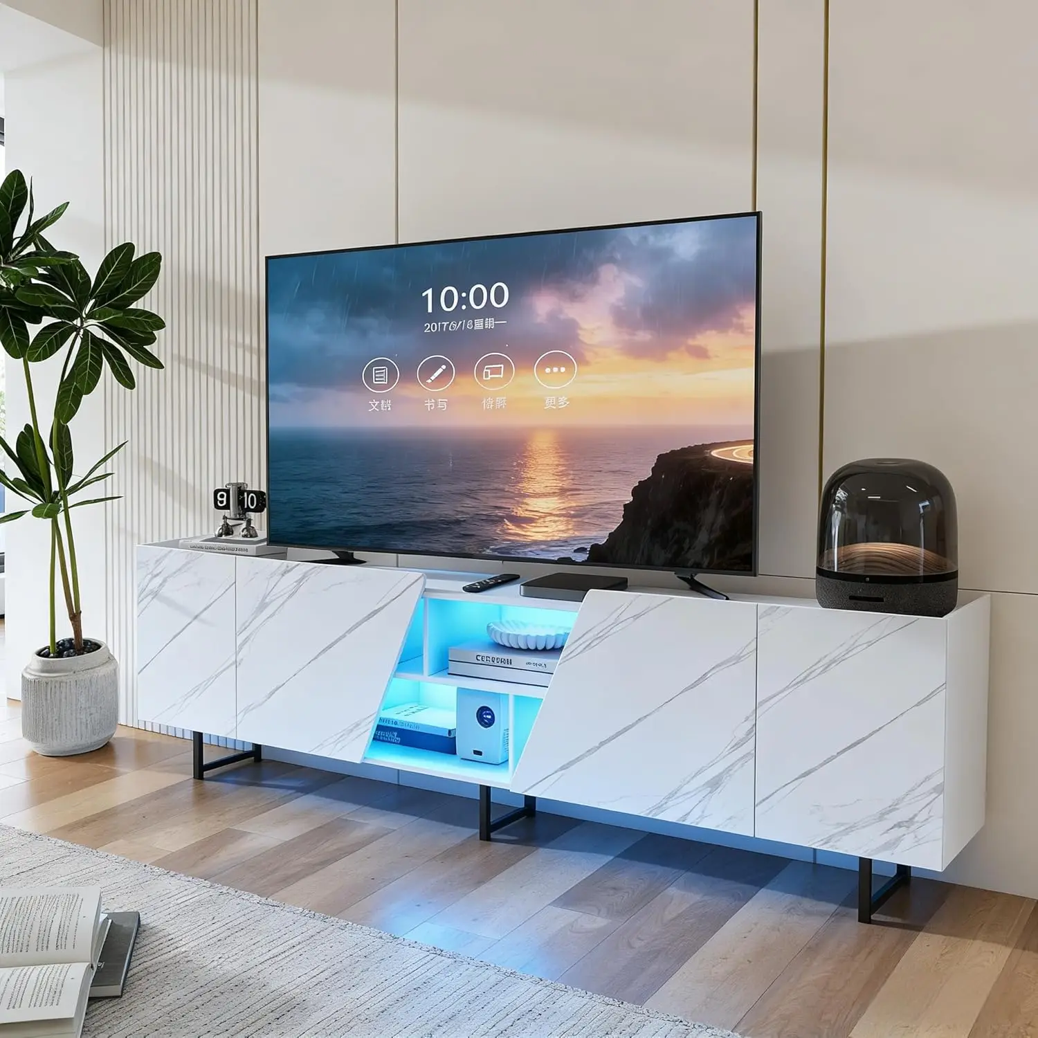 Superaly 220×34,5×67,7 cm LED-TV-Schrank mit 4 Türen und Regalen, TV-Ständer, TV-Tisch, TV-Lowboard für Wohnzimmer, Schlafzimmer, Weiß