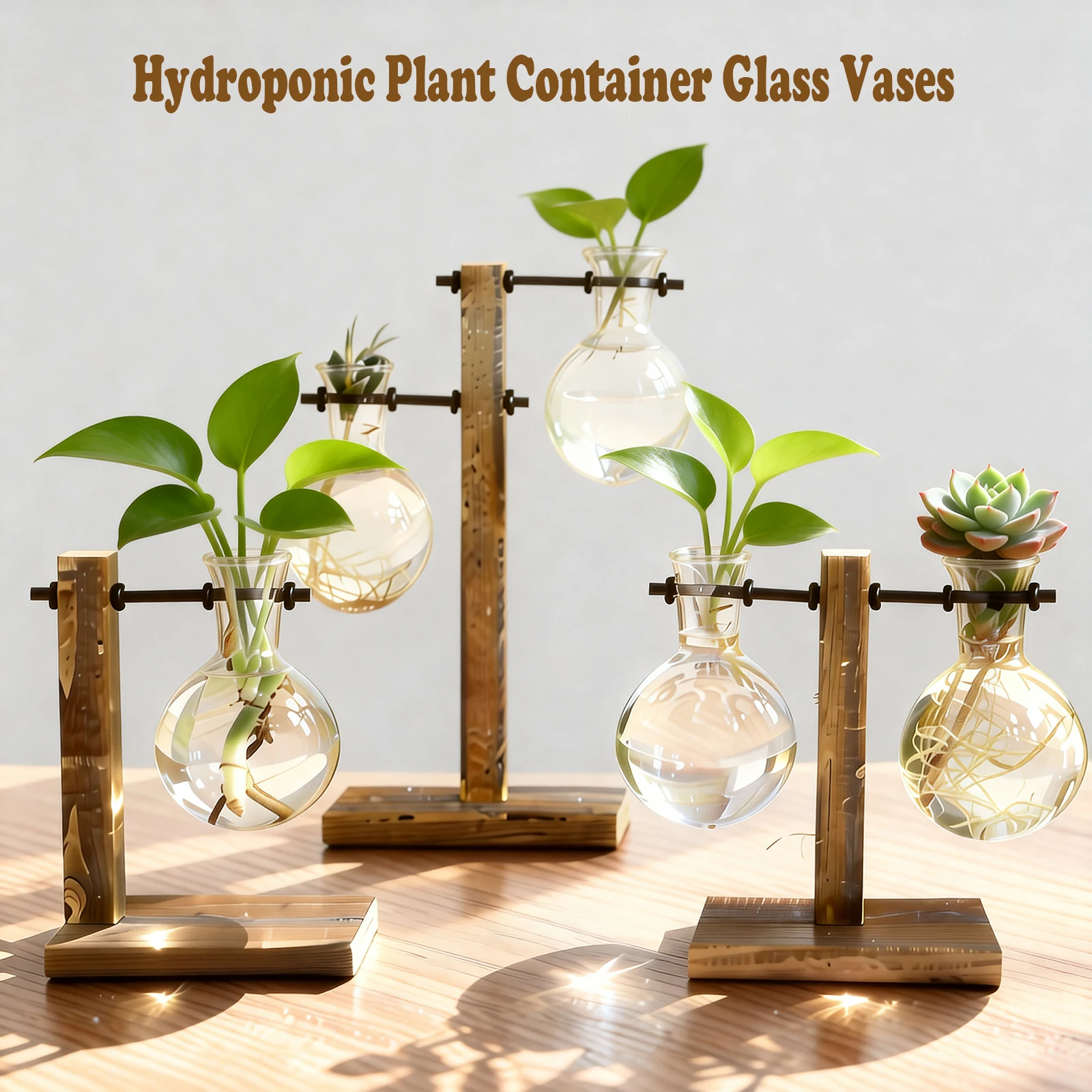 Pflanzen-Vasen-Terrarium, Vermehrungsstation mit Holzständer, Desktop-Pflanzgefäß für Hydrokultur, Heim, Garten, Innenbereich, Büro, Deko, Geschenke Image