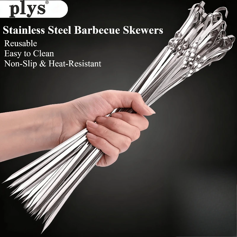 Flache Spieße aus Edelstahl zum Grillen, Lammspieße, Grillzubehör zum Braten von Fleisch, Ofen-hängende Spieße für Grillin Image