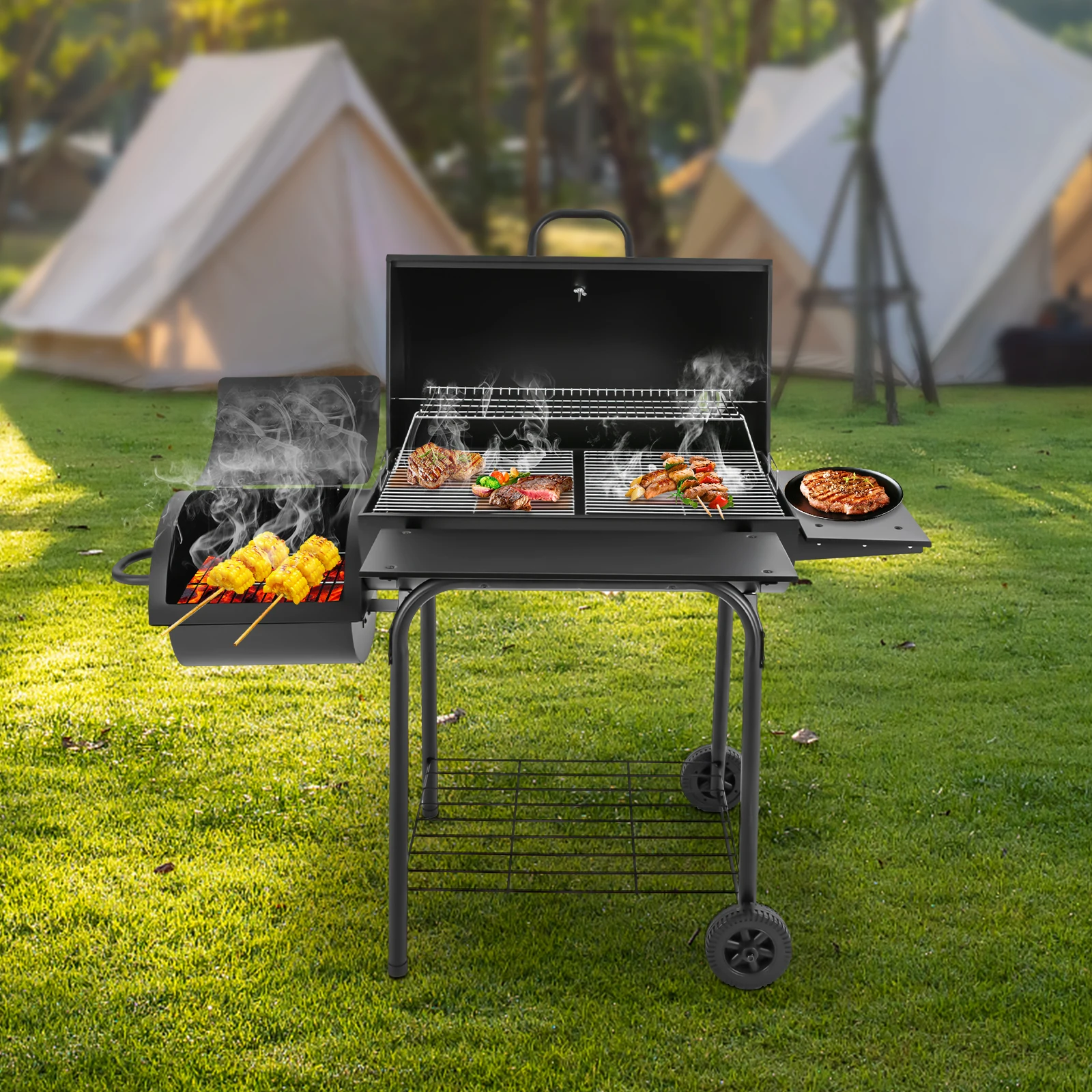 Freistehender Holzkohlegrill mit 2-Kammer-Grillrost, 28 kg Stahl, für Gartenpartys und gewerbliche Gastronomie Image
