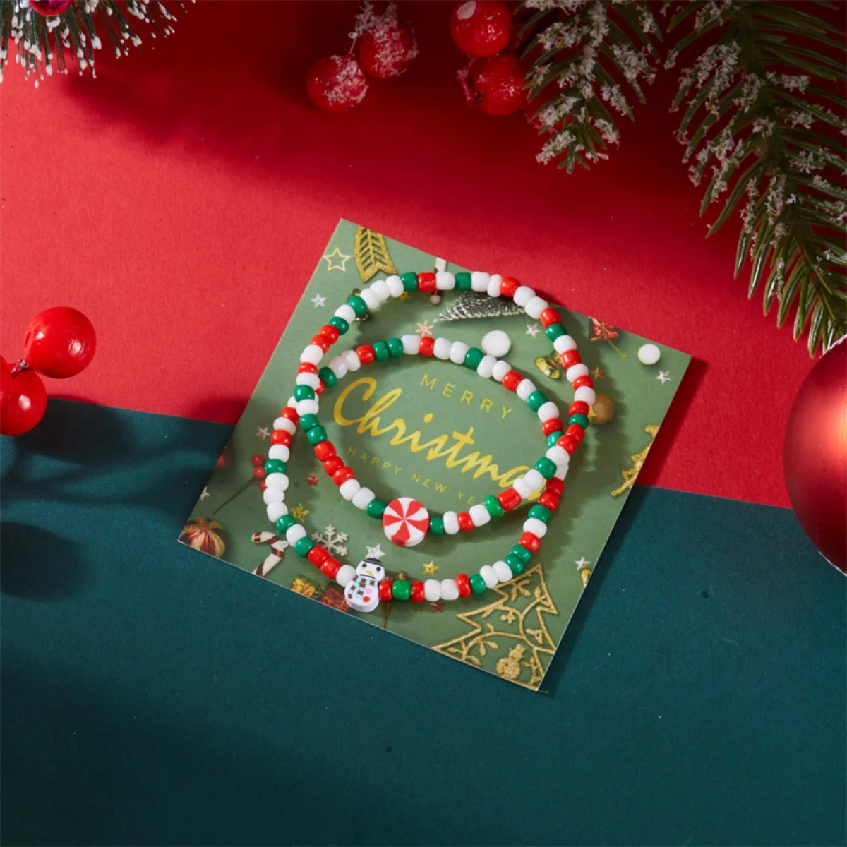 Weihnachten Weichen Ton Baum Schneeflocke Schneemann Santa Claus Rot Grün Weiß Reis Perlen Doppel Schicht Armband Für Frauen Männer Schmuck