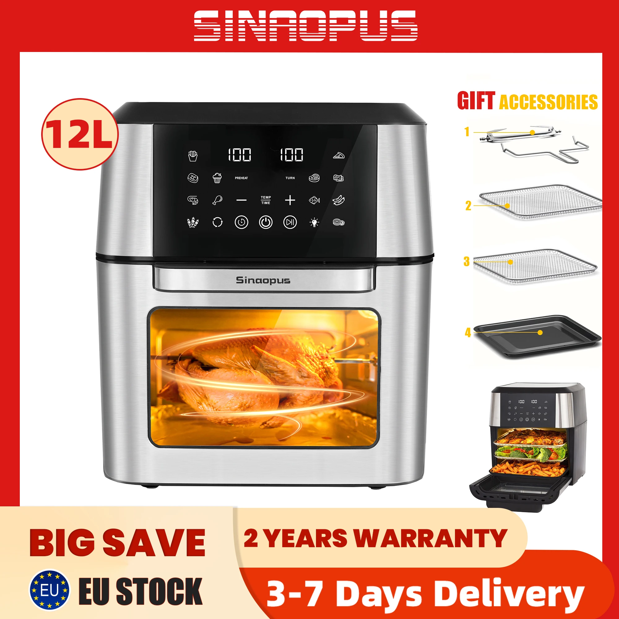 Heißluftfritteusen 12L Mini-Ofen, Multifunktions-Smart-Gerät Heißluftfritteuse mit Sichtfenster aus Glas, ölfreier Kocher, LED-Touch-Steuerung Image