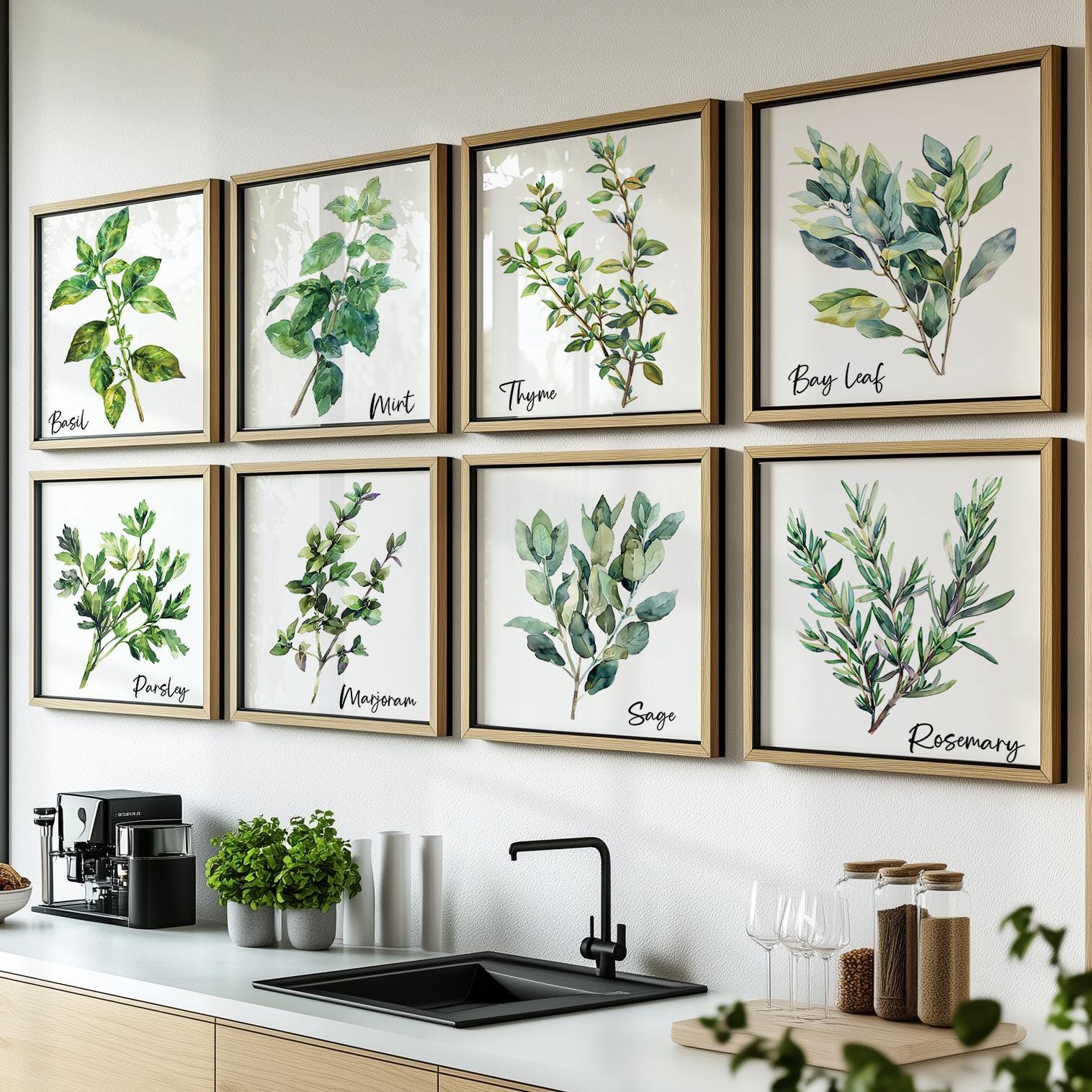 Set di 8 cartelli da parete con erbe aromatiche ad acquerello, set di erbe aromatiche da cucina moderne, decorazione da parete con erbe aromatiche sta