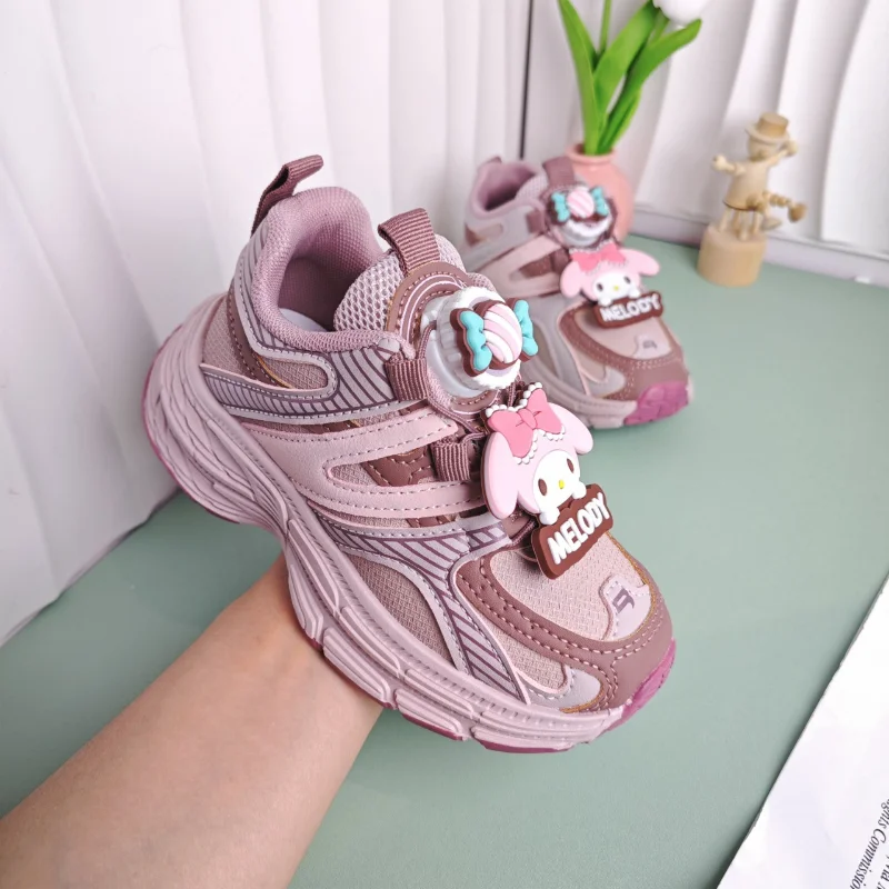 Kinder-Freizeitschuhe, Turnschuhe, Cartoon-Kuromi, PU-Leder, für Mädchen, rutschfest, atmungsaktiv, dicker Boden, Klettverschluss, rosa Schuhe, Größe 26–37