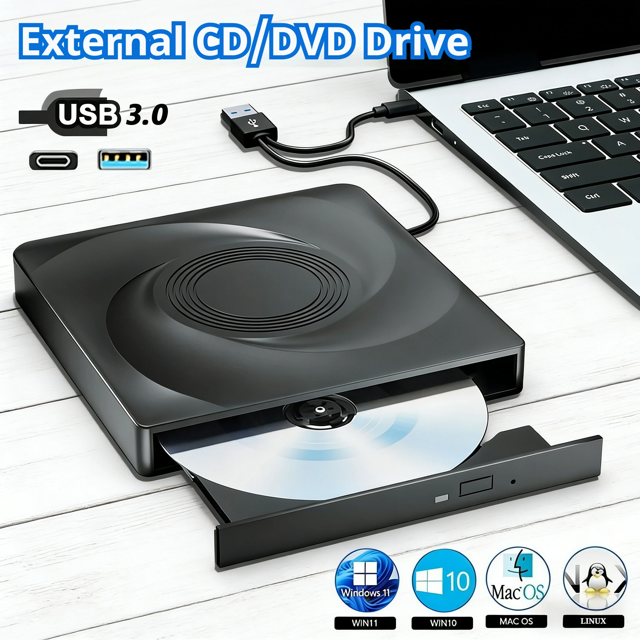 Externes CD-DVD-RW-Laufwerk USB 3.0 Typ-C CD/VCD/DVD-Brenner Tragbarer Schreiber und Player für Laptop Desktop PC Mac Windows 11 10 Image