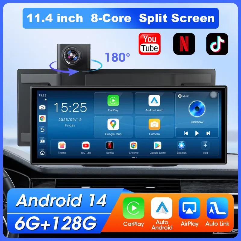 11,4 Zoll 4G Android 14 8+128G Dashcam 8 Core Wireless CarPlay & Android Auto Split Screen Fernüberwachung Auto DVR Image