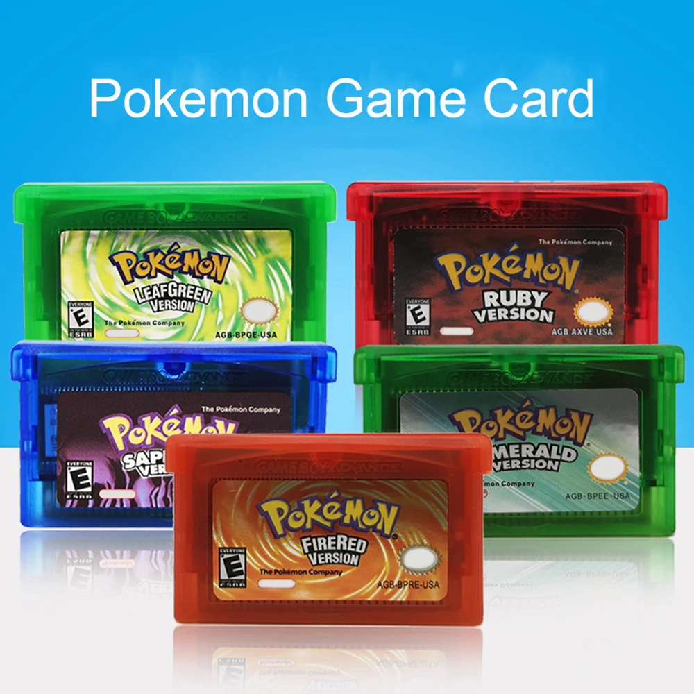 High Quality Pokemon 32 Bit Video Game Series, Ruby/Sapphire/Merald/Fire Red/Green Leaf GBA Game Cartridges