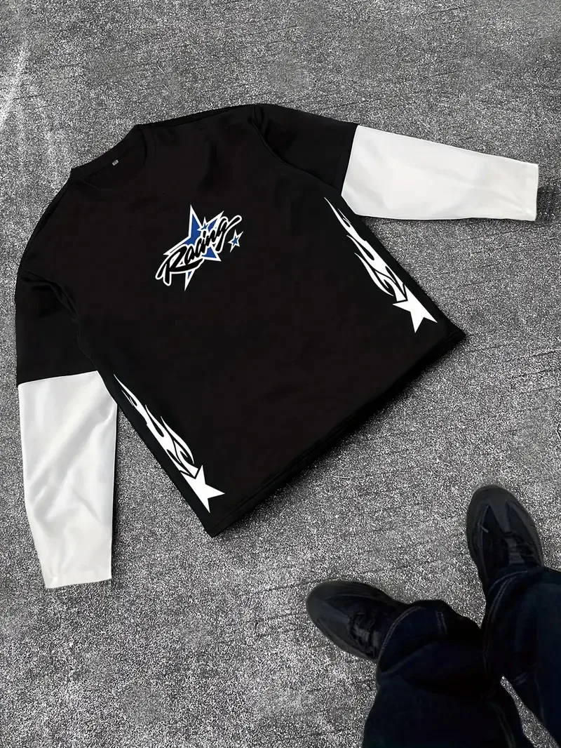 Nouveau T-shirt à manches longues pour hommes pour le printemps et l'automne 2025 avec la mode de rue et le confort avec l'impression de motifs d'étoiles 3D