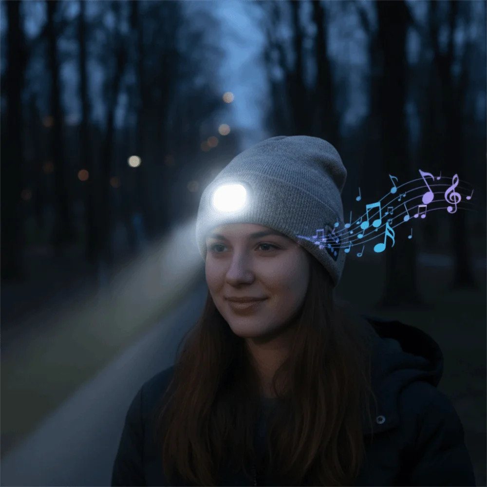 Casque Bluetooth Unique avec Lumière Intégrée, Casque Audio Amovible, Lampe Frontale, Haut-parleur, Microphone, Casque Sans Fil Rechargeable pour le Jogging