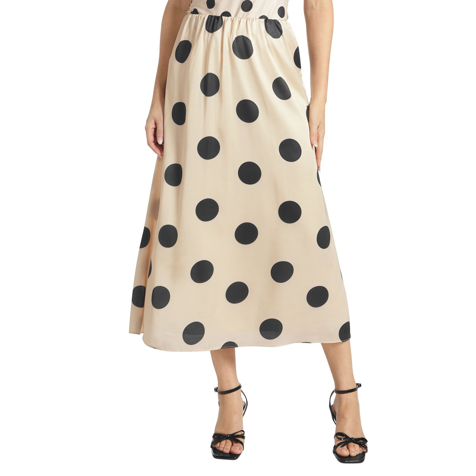 Masseys Luxe Satin Slip Skirt (Size XL) Cream/Black Polka Dot, Cotton,Polyester,Spandex
