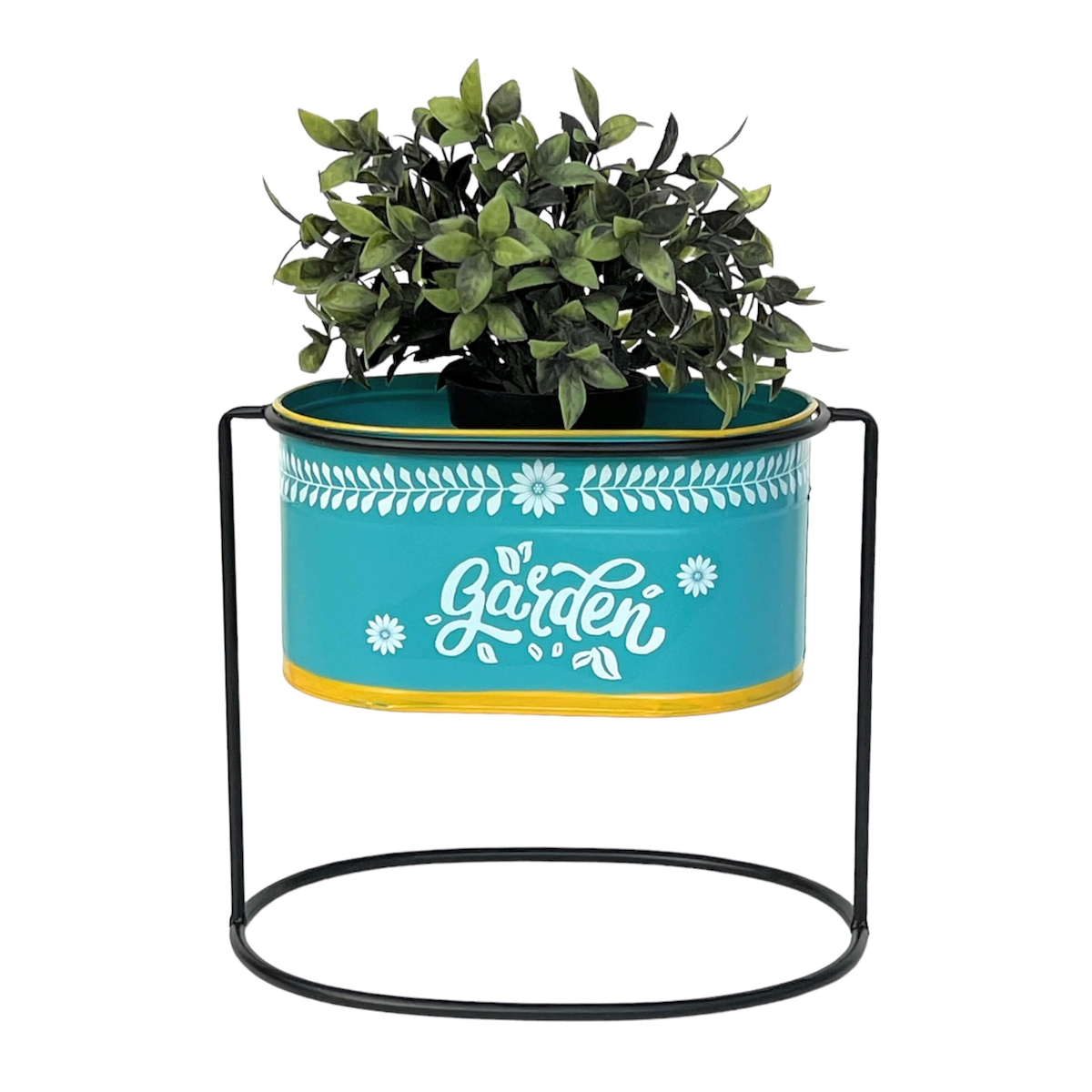 DanDiBo Blumenhocker mit Topf Metall Stehend Blau Oval 27 cm Blumenständer 96526 M Blumensäule Modern Pflanzenständer Pflanzgefäß Image