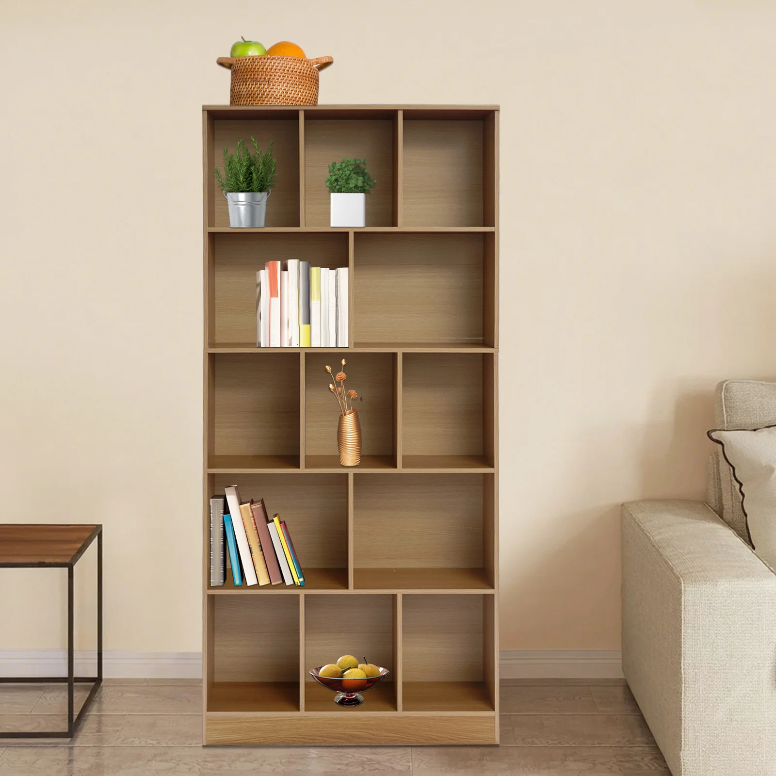 Bücherregal, 5-stufiges Bücherregal, Bücherschrank mit offenem Regal, 31,5*9,45*70,87 Zoll, für Wohnzimmer, Schlafzimmer, Heimbüro, Eichenfarbe