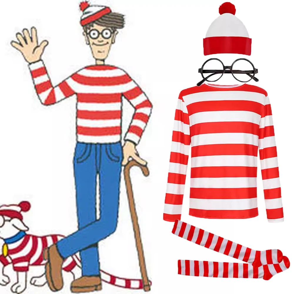 Eltern-Kind-Cartoon, wo ist Wally Waldo Kostüm Waldo Buch Woche Cosplay Outfit Streifen Langarm Hemd Hut Brille Erwachsene Kinder Image
