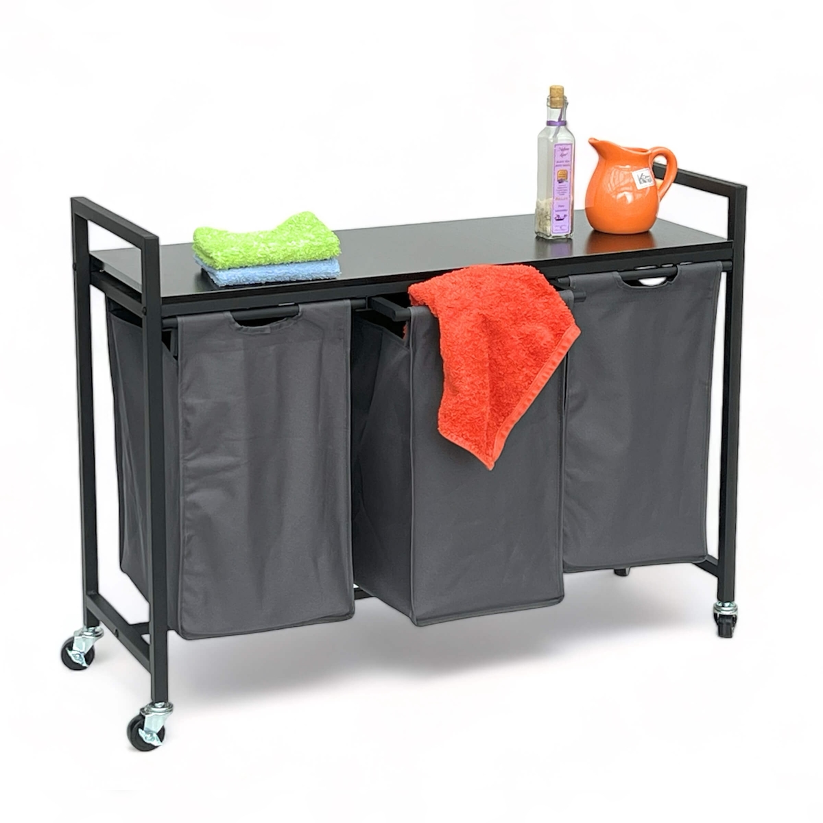 DanDiBo Wäschekorb 3 Fächer mit Ablage Schwarz Metall 96500 Wäschesammler Wäschewagen mit Rollen Wäschebox Wäschekorb Wäschesack Modern Image